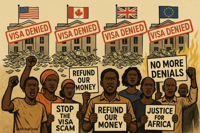 Illustration of angry African protestors holding signs demanding visa fee refunds and justice, in front of Western embassies with signs reading “Visa Denied.” Behind them are piles of money and flames, with flags of the US, Canada, UK, and EU visible abov